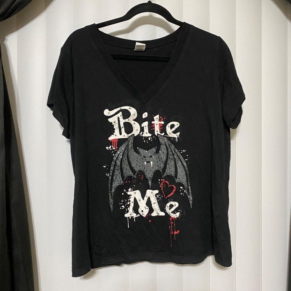 Black V-Neck “Bite Me” crop top